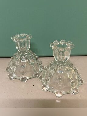 Vintage Anchor Hocking Boopie Clear Glass Hobnail Candlestick Holders Set of 2